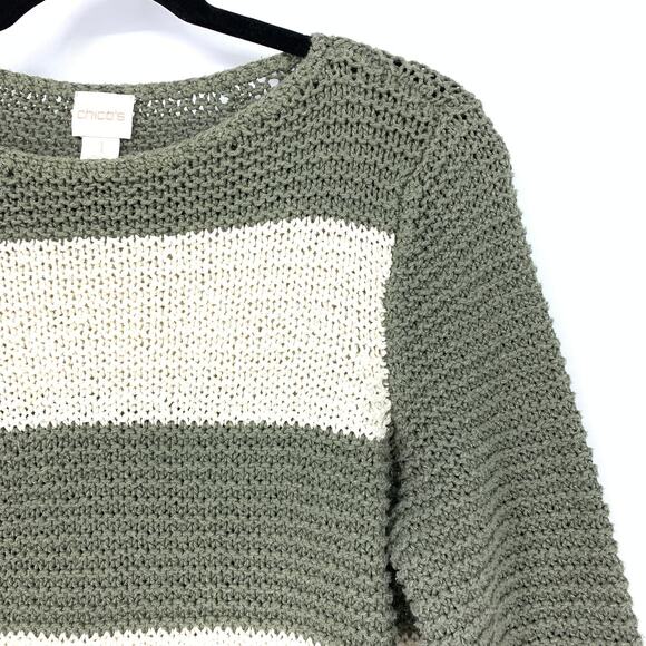 Chico's Sweater Women's 1 US M Block Textured Knit Striped Pullover Olive White - Picture 3 of 6